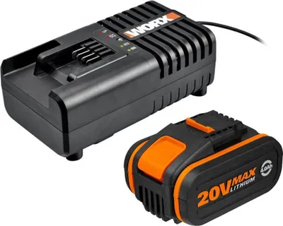 A black and orange WORX 20V lithium battery and its charger are shown against a white background.