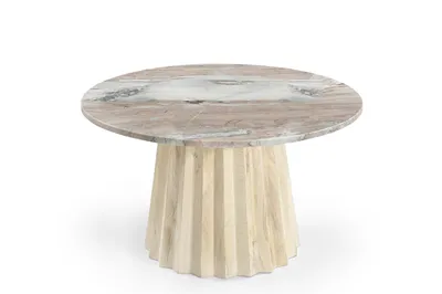Obrázok produktu pre Marmoholz - okrúhly konferenčný stolík Torino Ø70 cm x V40 cm z prírodného sivého mramoru a bieleného mangového dreva, japonský a škandinávsky štýl
