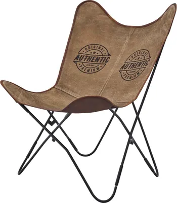 A butterfly chair with a canvas seat and metal frame, shown against a white background.