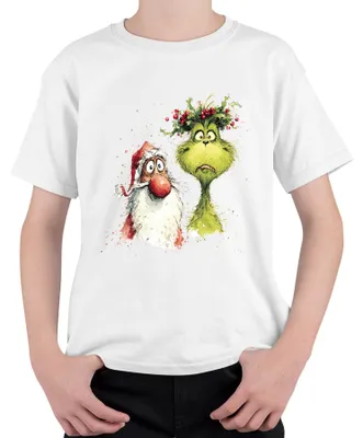 Zdjęcie produktu dla Grinch Święty Mikołaj Boże Narodzenie Śmieszny prezent Akwarela Retro Uni Koszulka dziecięca, Biały, 152