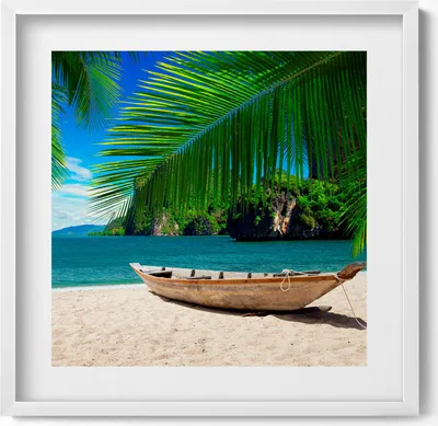 Produktbild von Boot am Strand unter einer Palme– Wandbild mit Rahmen – Gerahmtes Bild  – Wanddekoration – 50x50 cm –  Weiß Rahmen
