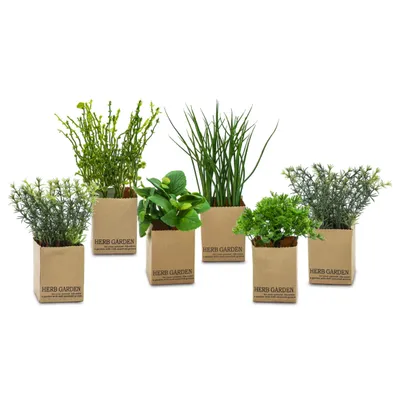 Produktbild von Künstliches Kräuter Sortiment - 6er Set - Kunstpflanze mit Papier Blumentopf - Schnittlauch Petersilie Basilikum Minze Rosmarin Thymian Kunst