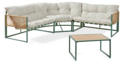 Produktbild von Loungeset 'Karg' Sofa mit Couchtisch Kissen Rattanoptik Grün / Beige