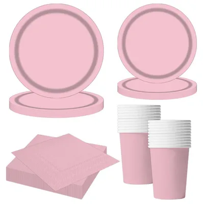 Immagine prodotto di Set di stoviglie per bambini, 68 pezzi, rosa: piatti, bicchieri, tovaglioli, decorazioni per feste