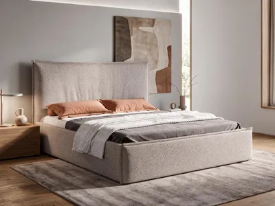 Produktbild von Polsterbett 180x200 cm mit Bettkasten LUNA SLIM, Stauraum und Metall-Lattenrost – Bouclé Stoff Grau