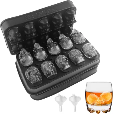 Immagine prodotto di Stampini in silicone a forma di teschio per cubetti di ghiaccio - Set da 2 - Realizzati in silicone senza BPA - Forme a teschio - Teschio in silicone - Contenitore per cubetti di ghiaccio con coperchio