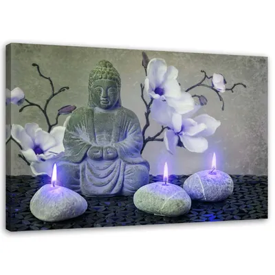 Produktbild von Leinwandbild buddha mit orchideen und kerzen 60x40 cm Feeby grau wandbild bereit zum aufhängen