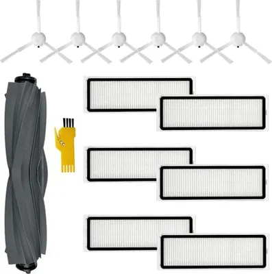 A collection of robot vacuum cleaner accessories, including brushes, filters, and a main brush roll, laid out on a white background.