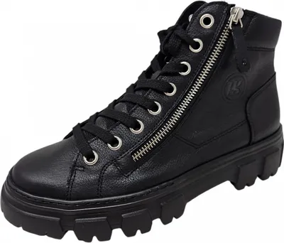 A black leather high-top boot with laces and a side zipper.