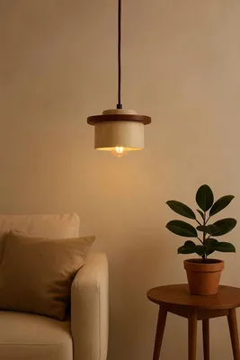 Produktbild von Opviq, Hochwertige Holz-Chandelier mit Travertin-Kappe, verstellbare Höhe 24-150 cm, Ø12 h:16 cm, Beige und Walnuss, E27 Fassung, max. 40 W, IP20, ideal für rustikale Wohnräume.