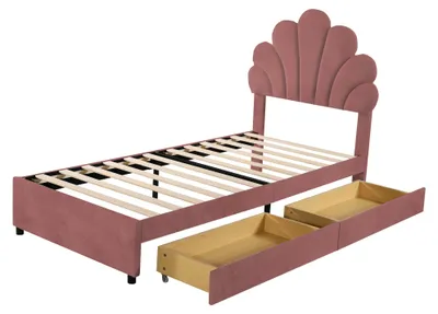 Productafbeelding van Platformbed 90x200 cm, met lades, met gestoffeerd hoofdeinde, met lattenbodem, geschikt voor kinderkamers en tienerkamers, beige