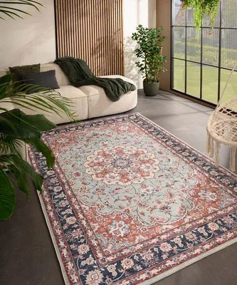 Image de Tapis d'extérieur Unyqoos® Valenca Nova – Vert sauge/Rouge vintage, 160 x 230 cm, structure 3D, lavable, pour intérieur et extérieur