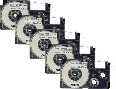 Produktbild von vhbw 5x Schriftband-Kassette Ersatz für Casio XR-6WE1, XR-6WE für Etiketten-Drucker 8m x 6mm Schwarz auf Weiß