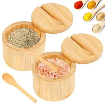 Obrázok produktu pre Ultiluxe Soľničky - 2 kusy - Bambusové nádoby na korenie - Na soľ, korenie a bylinky - Magnetický kryt - S lyžičkou - 170 g - Béžová