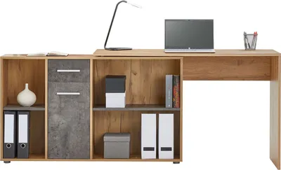 Produktbild von Eckschreibtisch DIEGO mit Stauraum, Wotan Eiche/beton - Schreibtisch in L-Form für das Homeoffice, moderner Bürotisch mit Regal und Ablagefach, Computertisch