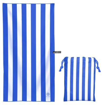 Produktbild von PEAQUE Mikrofaser-Handtuch mit Tasche - 80x160 cm - Blau/Weiß - gestreiftes Badetuch, Reisehandtuch, Microfaser Handtücher, leicht, schnelltrocknend