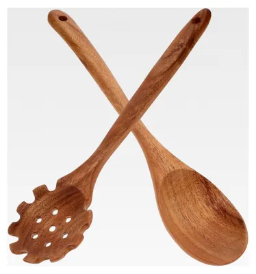 Produktbild von 2 Stück Hitzebeständige Lange Holzlöffel mit Aufhängeöse für Pfanne und Wok