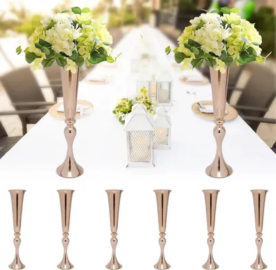 Immagine prodotto di Vasi da tavolo - Forma a tromba - Set di 6 - Metallo - Altezza 56 cm - Per matrimoni, feste e compleanni - Oro rosa