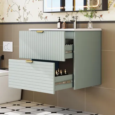 Immagine prodotto di Lavabo sospeso verde menta 61x46x57 cm con lavandino integrato, 2 cassetti silenziosi, MDF completamente laccato