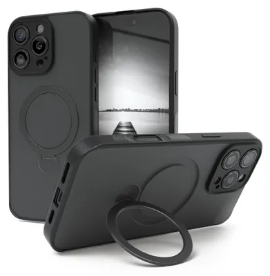 Produktbild von EAZY CASE - MagSafe Handyhülle für Apple iPhone 16 Pro Max, Ring zum Aufstellen, 360° drehbar, Magsafe Silikonhülle zum Aufstellen, stoßfest Cover in Schwarz