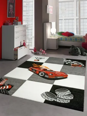 Produktbild von Kinderteppich Spielteppich Jungen Kinderzimmerteppich Auto Rennwagen rot schwarz Größe - 120 cm Rund