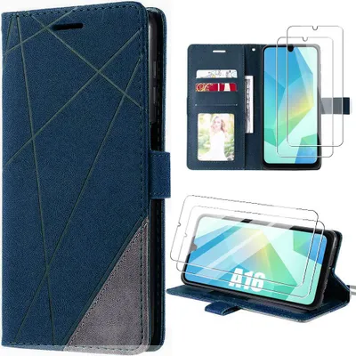 Image de Coque + 2 Verres Trempés pour Samsung Galaxy A16 4G/5G, Protection Anti-Rayure Effet Cuir Élégant Bleu Marine