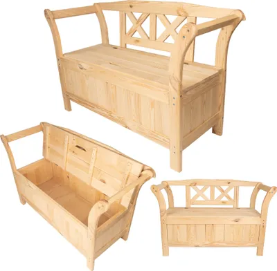 A collage of three images showing a wooden storage bench from different angles.