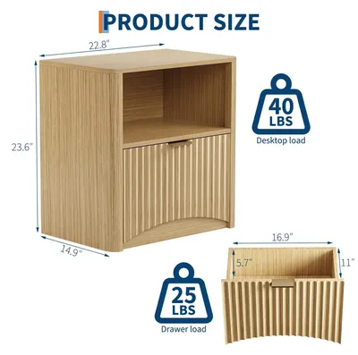 Productafbeelding van Nachtkastje - Gekerfd nachtkastje, 58 cm breed - Met lade en opbergruimte - Design in mid-century modern stijl - Houtlook