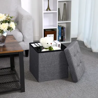 Obrázek produktu pro SONGMICS taburet tmavě šedý s úložným prostorem skládací 38 x 38 x 38 cm ze lnu a dřeva sedák kostka podnož LSF27Z