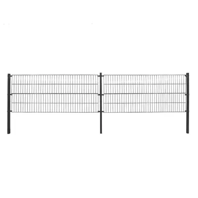 A black metal fence with two sections, shown against a white background.