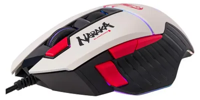 A white and red gaming mouse with black accents, shown from a diagonal angle against a white background.