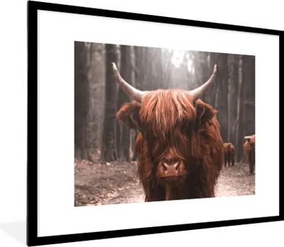 Produktbild von MuchoWow® Gerahmtes Poster Schottischer Highlander - Tiere - Wald 80x60 cm - Poster mit Schwarzem Bilderrahmen Wandposter Rahmen Foto Bilder - Schlafzimmer-Dekorationen - Fotoposter