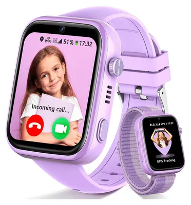 A purple smartwatch for children is shown, displaying an incoming call with a child's face on the screen. A smaller, similar smartwatch is also visible.