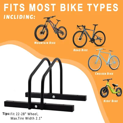 Imagen del producto de Soporte para bicicletas de suelo, acero, para neumáticos de 22 a 28 pulgadas, con una anchura máxima de neumático de 5,3 cm, ideal para garajes
