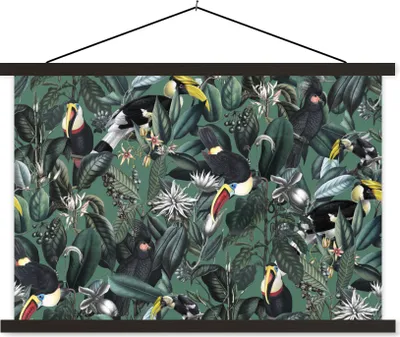 Produktbild von MuchoWow® Textilposter Blumen - Vogel - Blätter 120x80 cm mit schwarzem Rahmen - Wanddeko