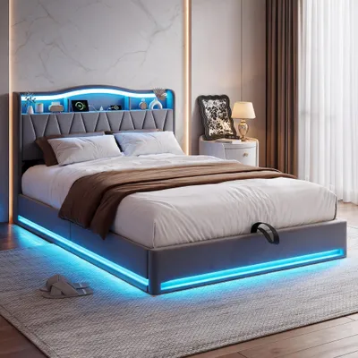 Obrázek produktu pro Postel s pružinovou základnou INONEFT, čalouněná, rozměry 140x200 cm, s LED osvětlením a USB porty, hydraulickým úložným prostorem, rošt, manželská postel, samet, šedá barva