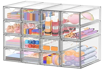 Schreibtisch-Organizer mit 14 Acryl-Schubladen, stapelbar, transparent
