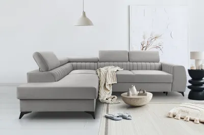 Image de BREGO Argent Canapé d'angle en L 270x202 cm Côté gauche - Canapé-lit avec tiroir de lit, Appuie-tête réglables, Tissu Zetta, Design moderne, Autoportant, Coin rembourré confortable