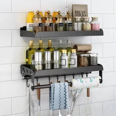 Immagine prodotto di Set di mensole da parete Unyqoos® – 2 mensole da parete di 40x13x5,5 cm, in acciaio inossidabile, con portarotolo da cucina e 6 ganci, senza necessità di foratura, salvaspazio
