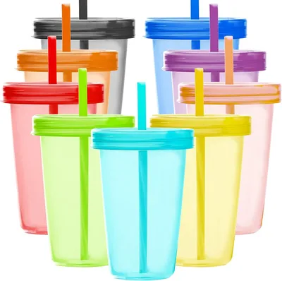 Produktbild von 9 Sets 500 ml Kunststoffbecher mit Deckel und Strohhalmen in 9 Farben