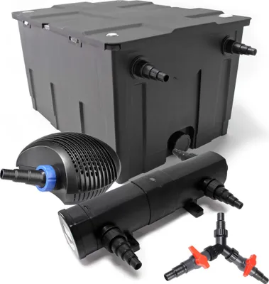 Obrázok produktu pre SunSun kompletná sada: CBF-550 rybníkový filter do 60000 l ako prietokový filter, CTF-8000 SuperECO rybníkové čerpadlo 8000 l/h 70 W, CUV-224 rybníkový odlučovač UVC s 24 W, Y-rozdeľovač