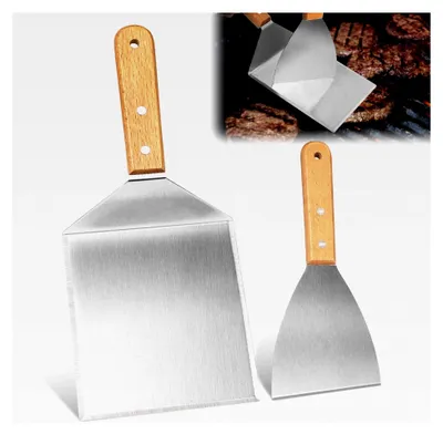 Produktbild von 2-teiliges Burger-Set, Grillspachtel aus Edelstahl mit Holzgriffen für Burgerpresse, Teppanyaki, Barbecue, Steak, Pizza
