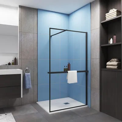 A modern bathroom with a shower enclosure, vanity, and shelving.