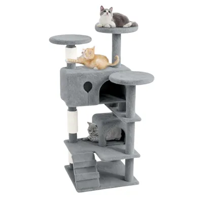 Produktbild von QEENTOE Kratzbaum 130 cm, Grosse Katzenbaum Katzenkratzbaum für Hauskatzen Mehrstöckiger Katzenhaus Spielhaus für Katzen, Hellgrau