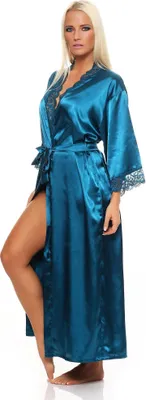 Produktbild von Damen langes Kimono Seidenrobe Morgenmantel; Petrol S