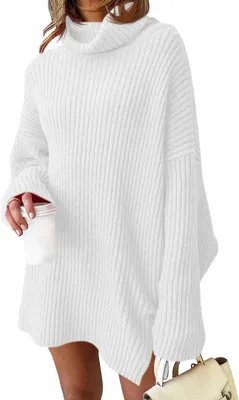Produktbild von Damen Pulloverkleid Rollkragen Strickkleid Oversized Bequem Warm Weiß S