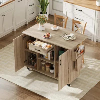 Image de Îlot de cuisine mobile sur roulettes - 120 cm - Plan de travail rabattable - Tiroir - Armoire - MDF - Aspect naturel