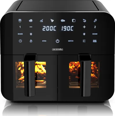 Arendo Heißluftfritteuse XXL, Doppelkammer, Dual Zone, Airfryer 9L mit 2 Kammern, Sichtfenster mit Beleuchtung, 8 Programme, Touchscreen, 3D Umluftsystem