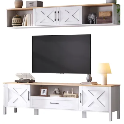Produktbild von TV Wohnwand-set (Komplett-Set, 2-St), TV-Ständer + Hängende Vitrine, Mediawand set, TV Wohnzimmermöbel-Set mit 4 Schränke +1 Schublade,TV-Schrank set