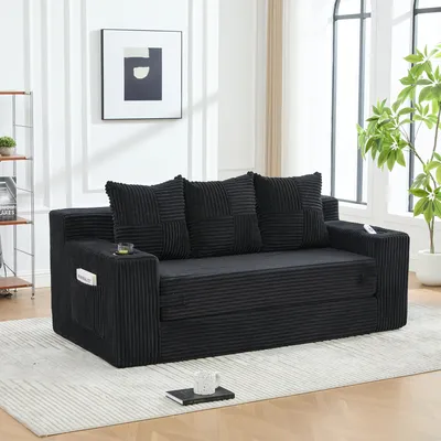 Productafbeelding van MODFU 3-zitsbank Cord, modulaire vloerbank, relaxbank met armleuningen en bekerhouders, ruime zitvlak, gestoffeerd meubel voor de woonkamer, zwart